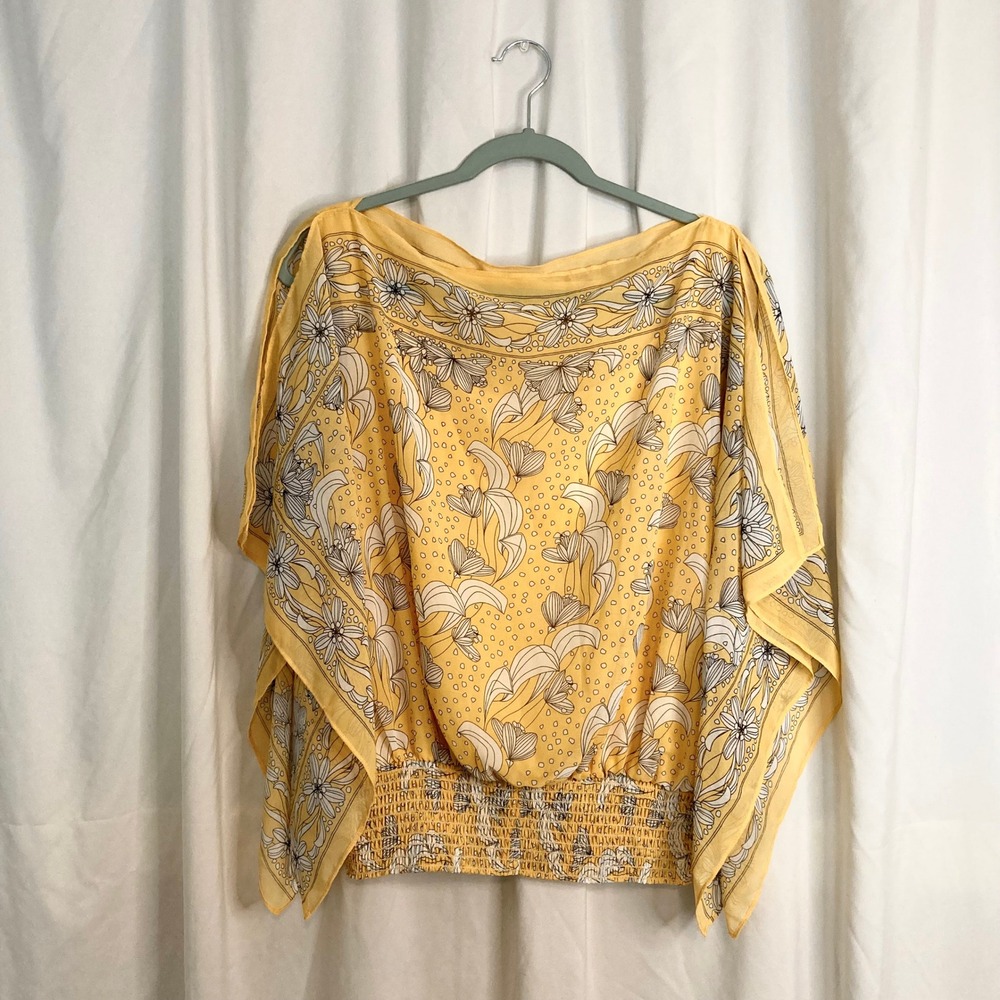 Yellow Floral Scarf Print Smocked Hem Flutter Sleeve Blouse Max Studio L Boho